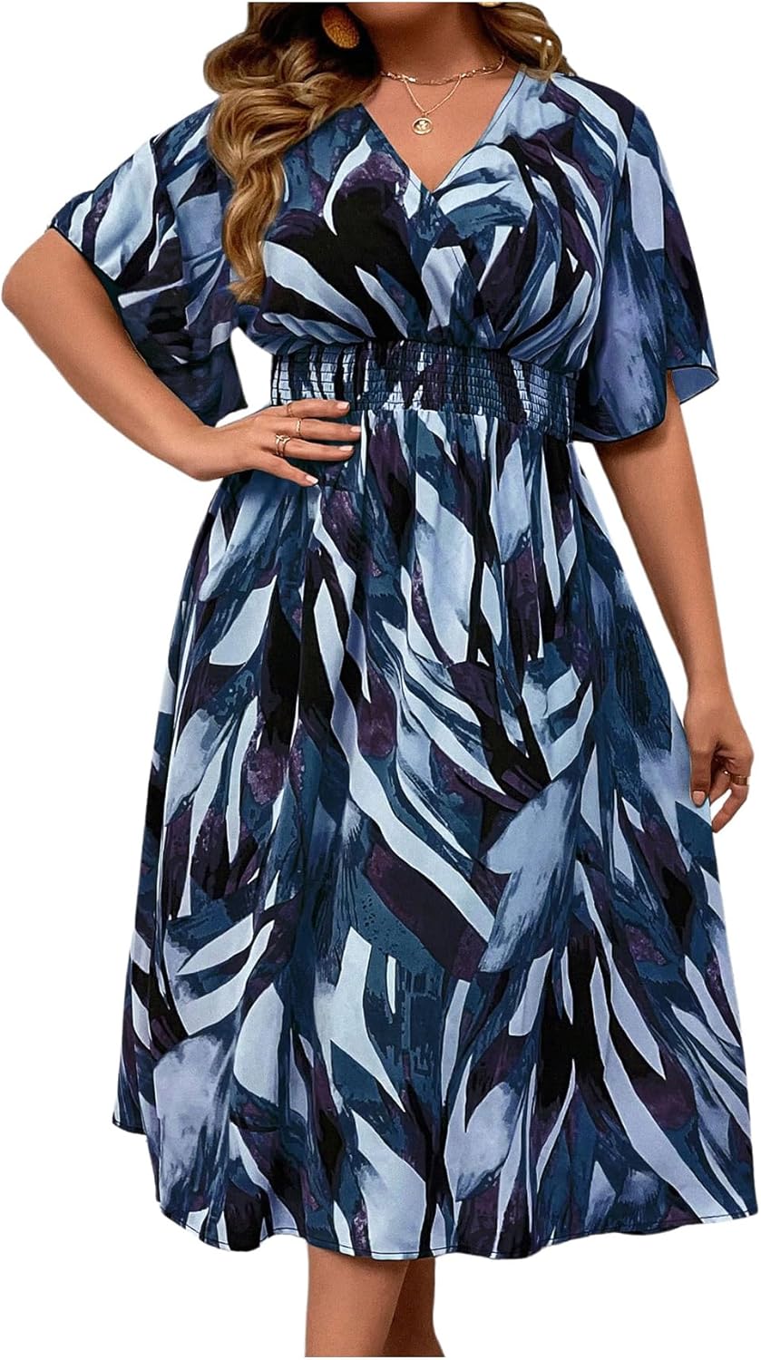Floerns Women's Plus Size Boho Floral V Neck Short Sleeve Dress