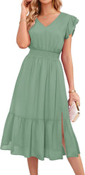 V Neck Ruffle Sleeve Tiered Midi Dress - Flowy Summer Wedding Guest