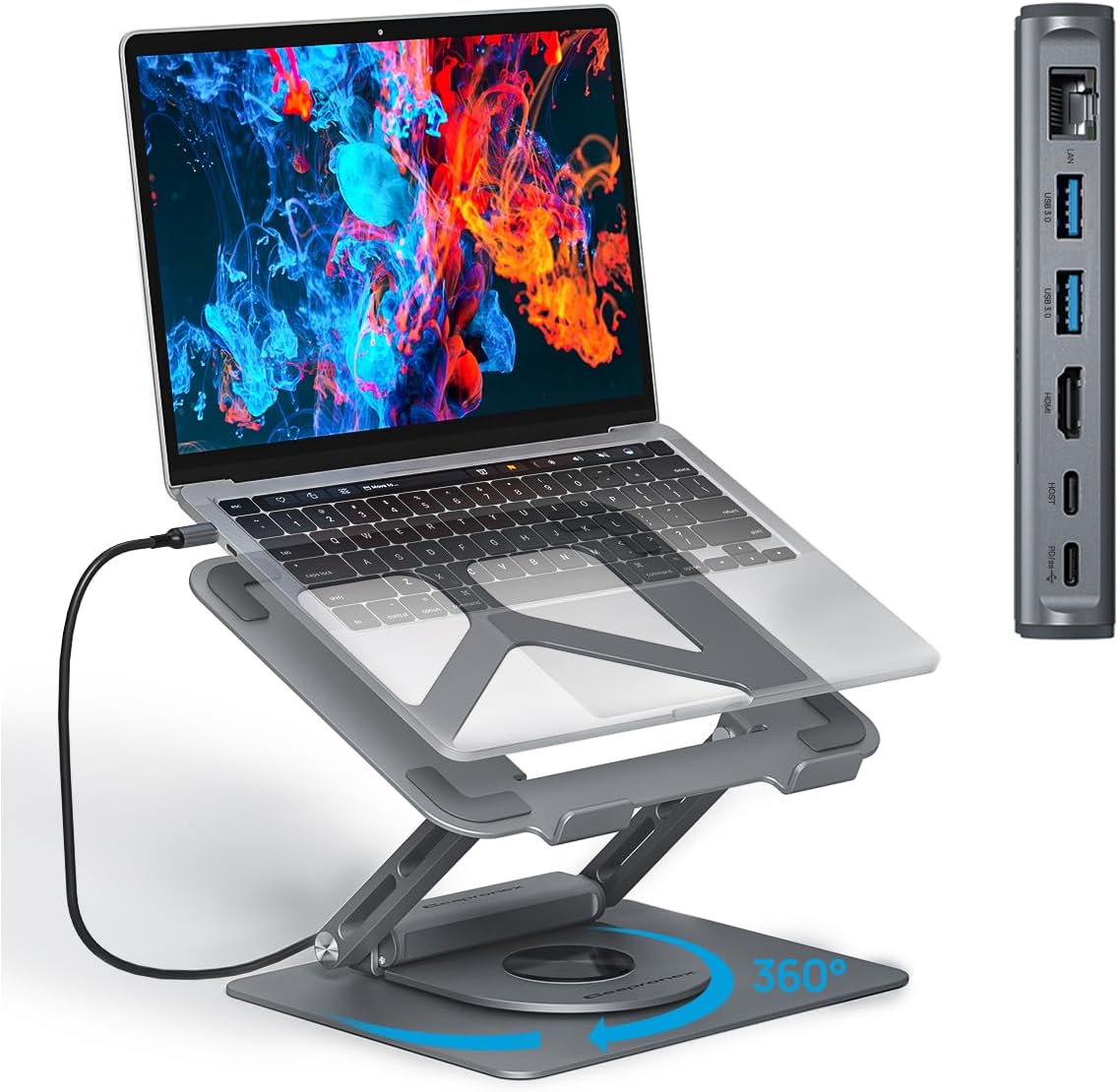 Adjustable Laptop Stand with 360 Rotating Base & USB Docking Station