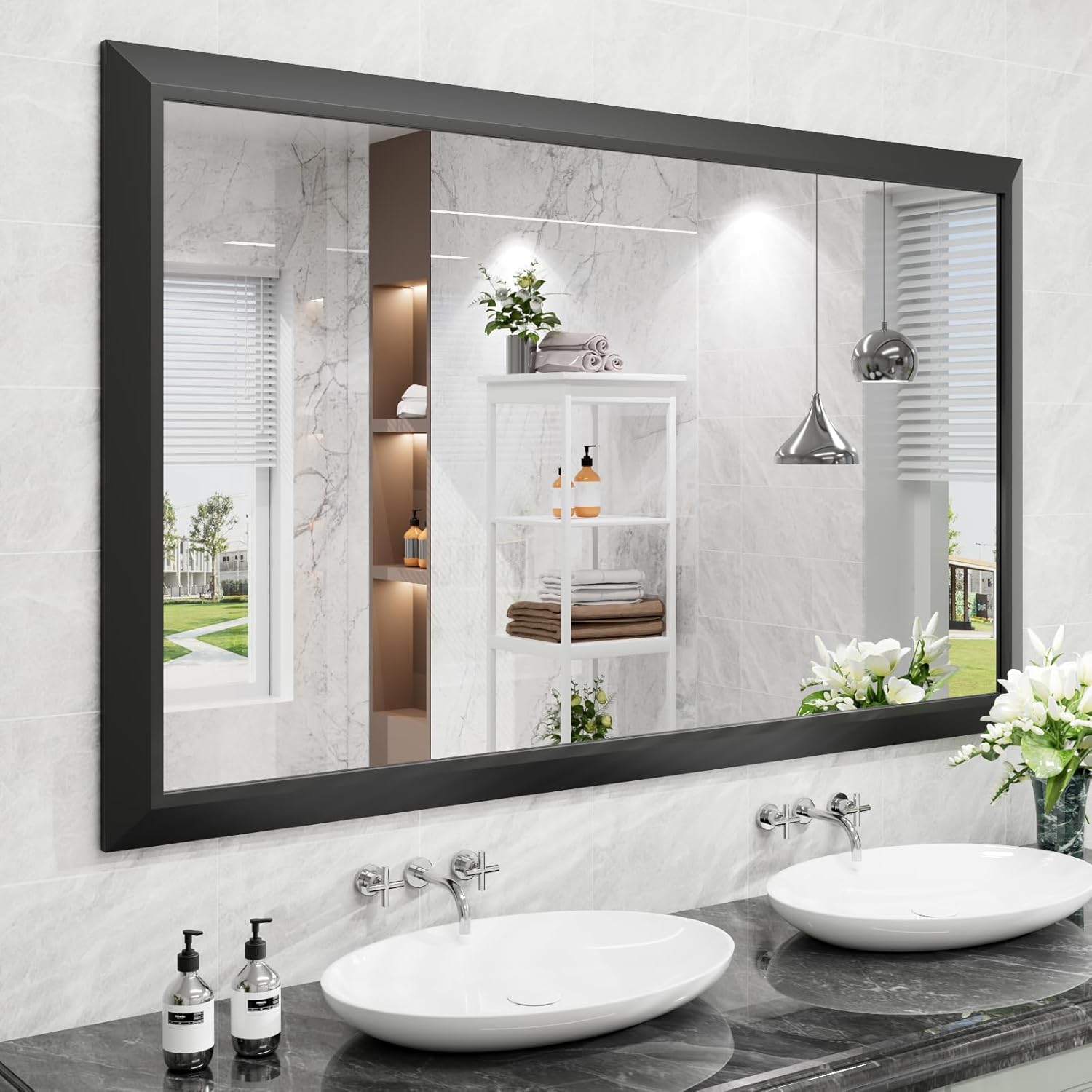 Amorho Black Bathroom Mirror, 60X36 Inch Metal Framed Design