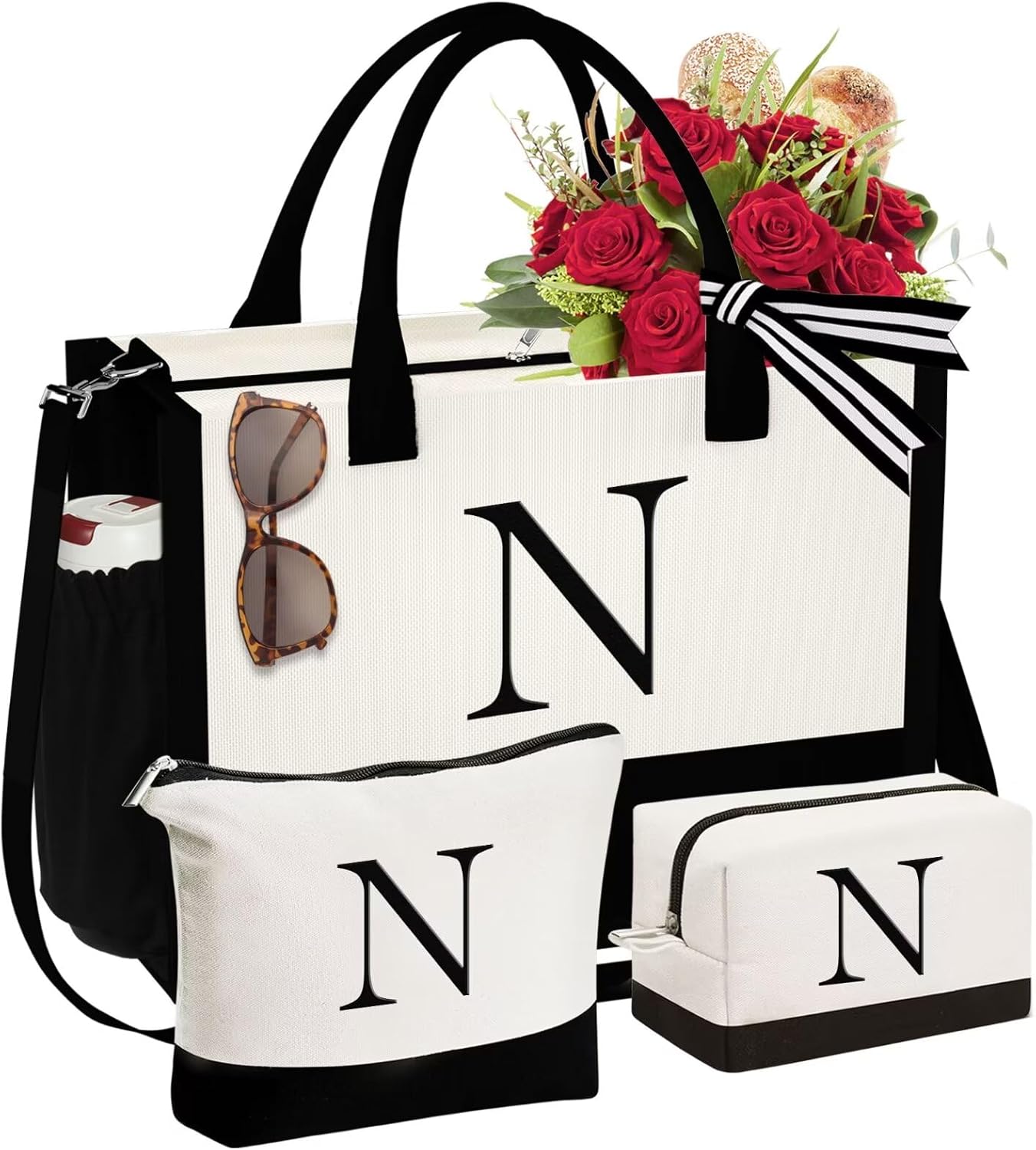 Personalized Initial Canvas Tote Bag & Makeup Bag Set for Women