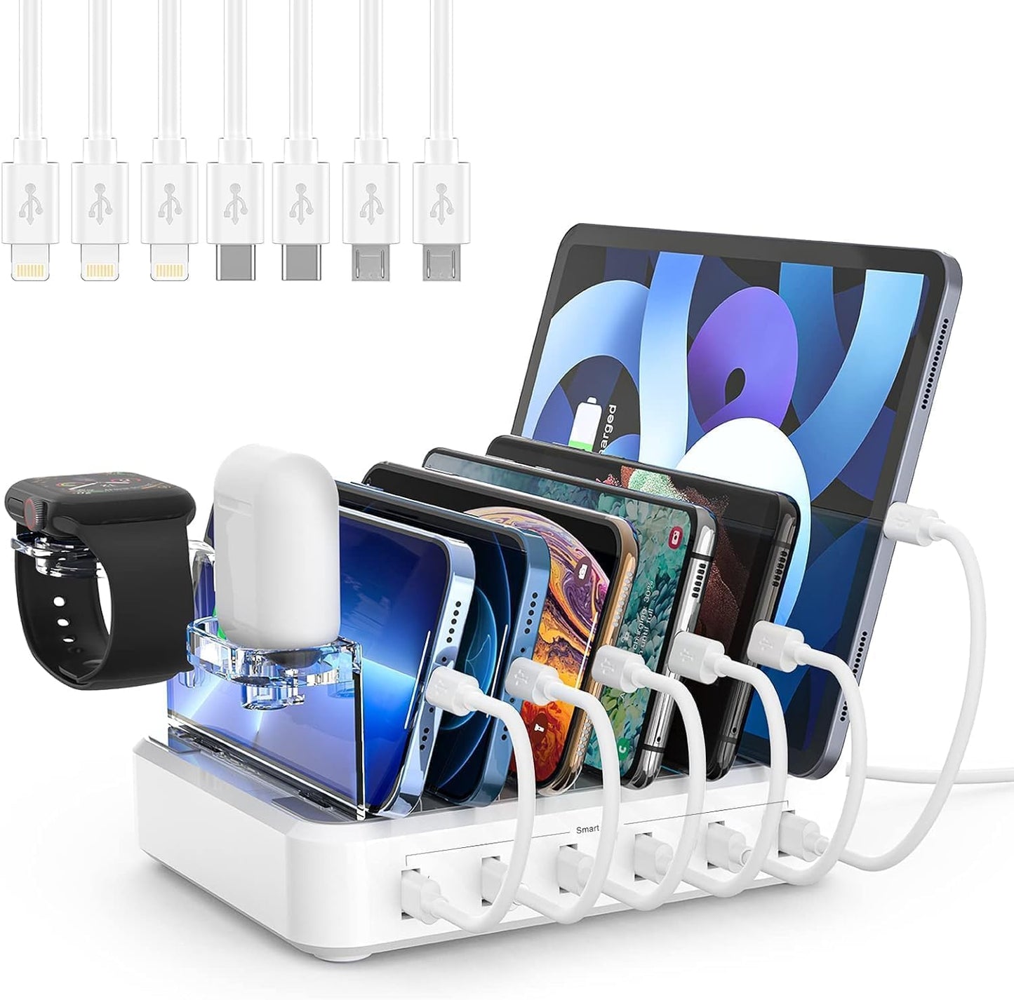 Charging Station for Multiple Devices with 6 USB Ports and Cables