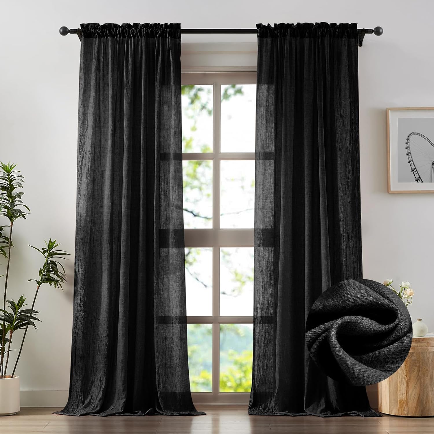 Elegant Black Sheer Curtains for Living Room Sliding Door