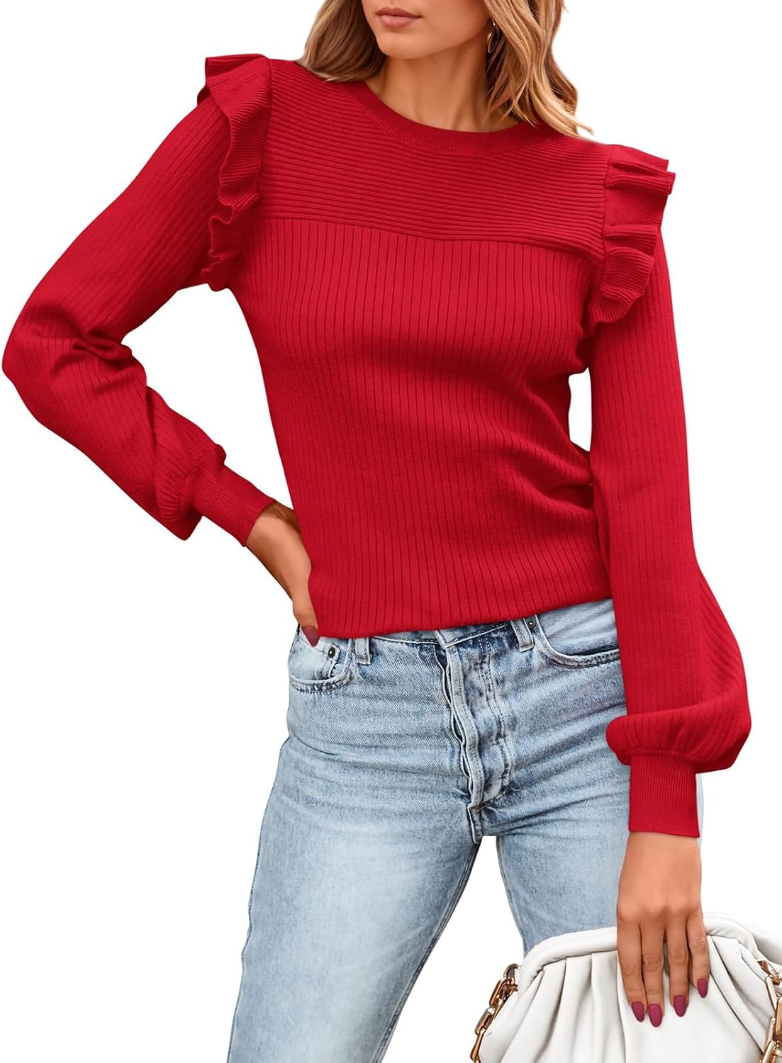Ruffle Long Sleeve Sweaters for Women - Trendy Fall Knit Tops