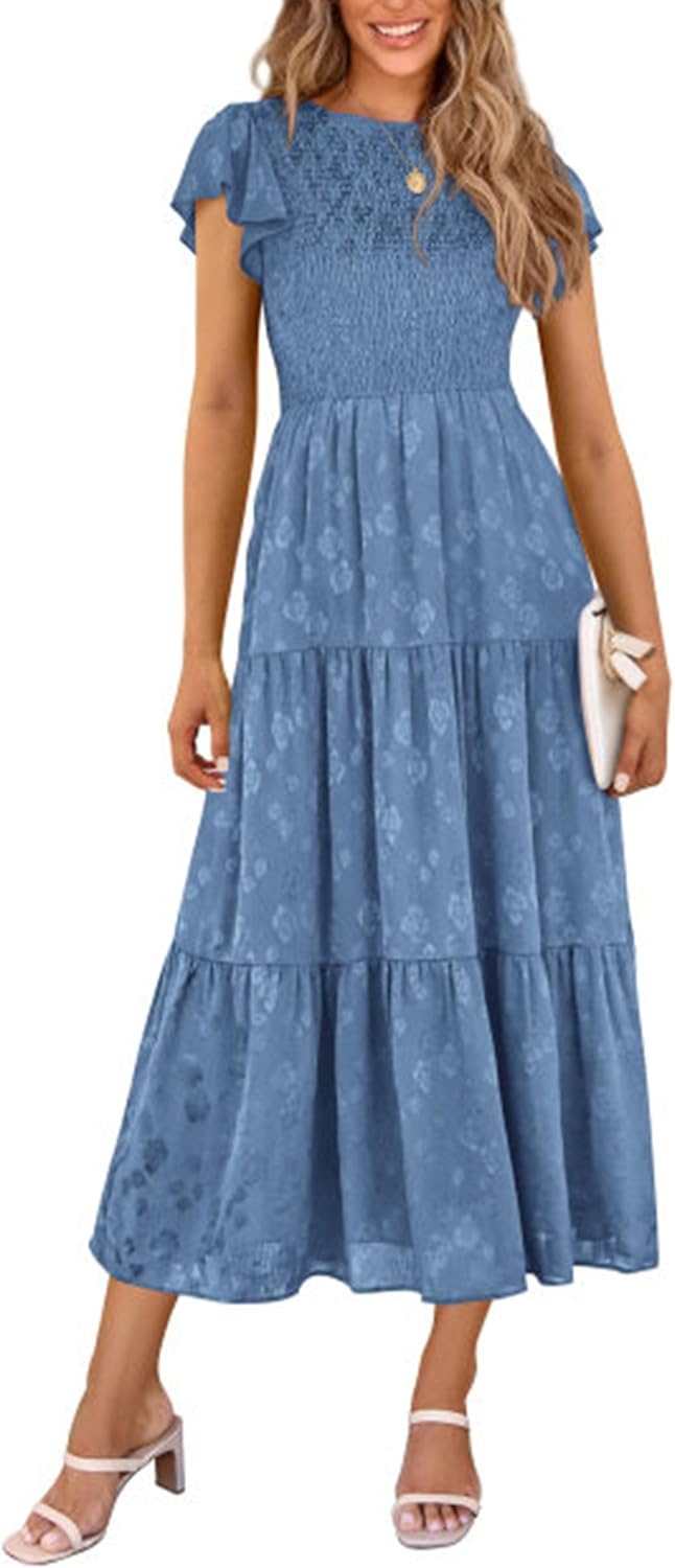 Elegant Floral Cap Sleeve Smocked A Line Long Dress for Women
