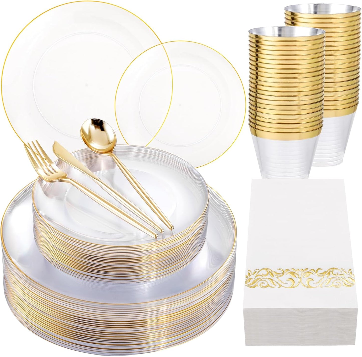 MirthMood 210Pcs Clear and Gold Plates Set for Elegant Parties