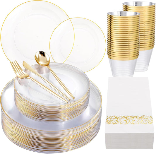 MirthMood 210Pcs Clear and Gold Plates Set for Elegant Parties