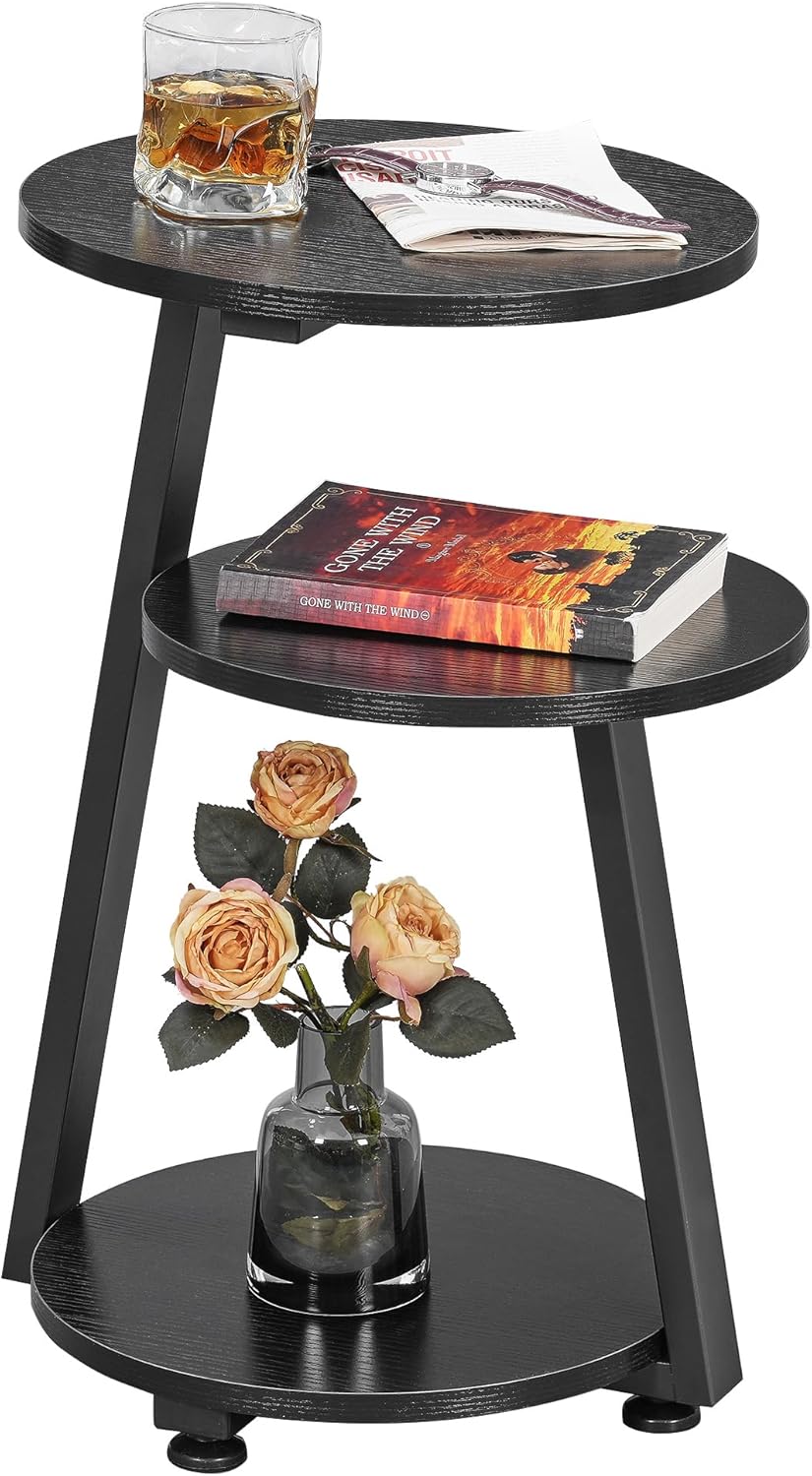 BEWISHOME Round End Table with 3-Tier Shelves for Storage