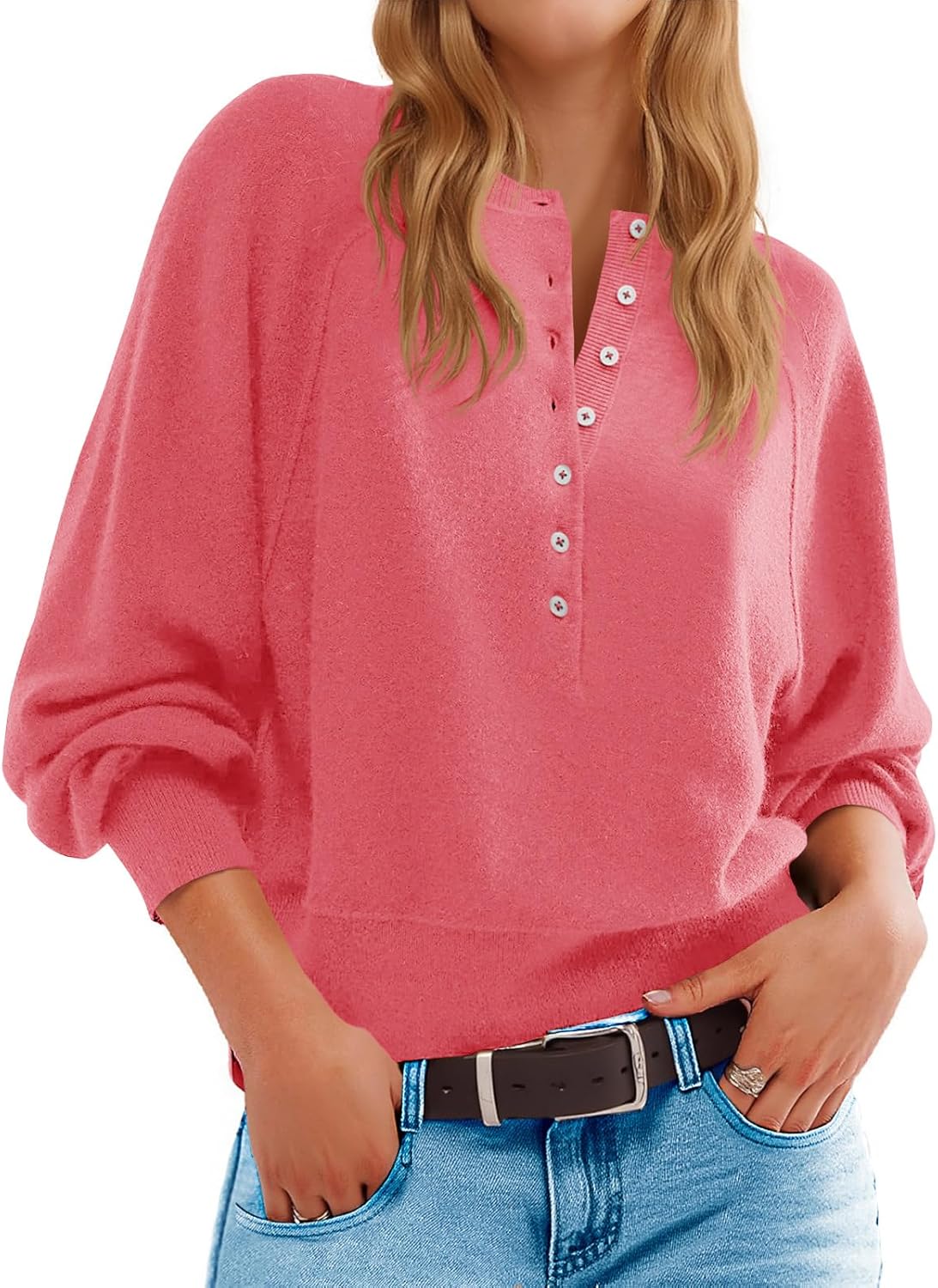 Saodimallsu Womens Button Crew Neck Sweater for Trendy Style
