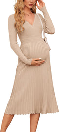 Women's Fall Maternity Midi Wrap Dress - Pleated V Neck Knit