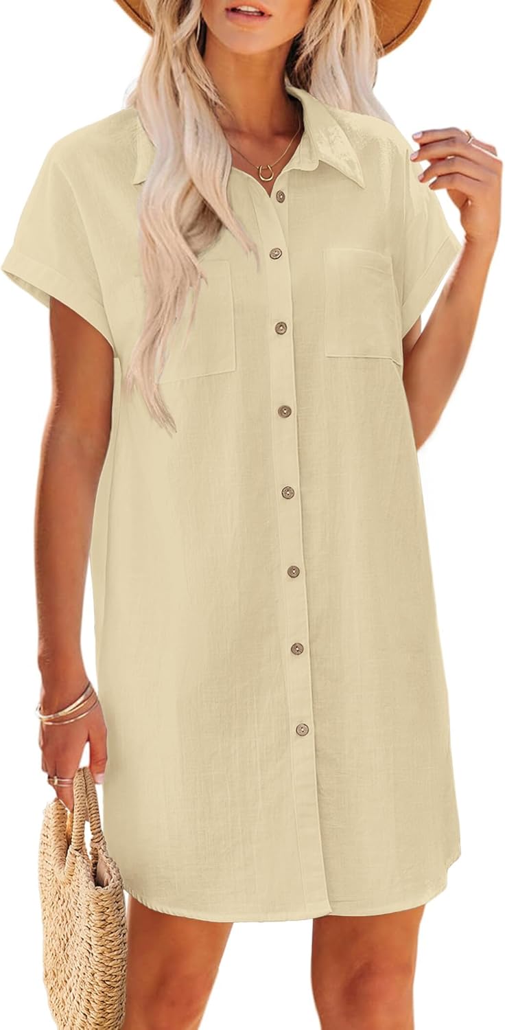 Stylish Cotton Button Down Short Sleeve Summer Dress for Women