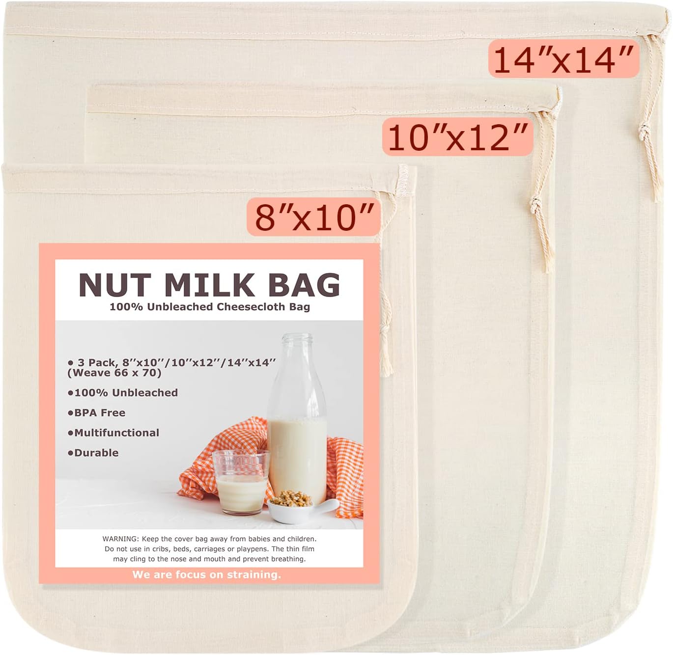 Reusable Unbleached Cotton Nut Milk Bags, 3 Pack