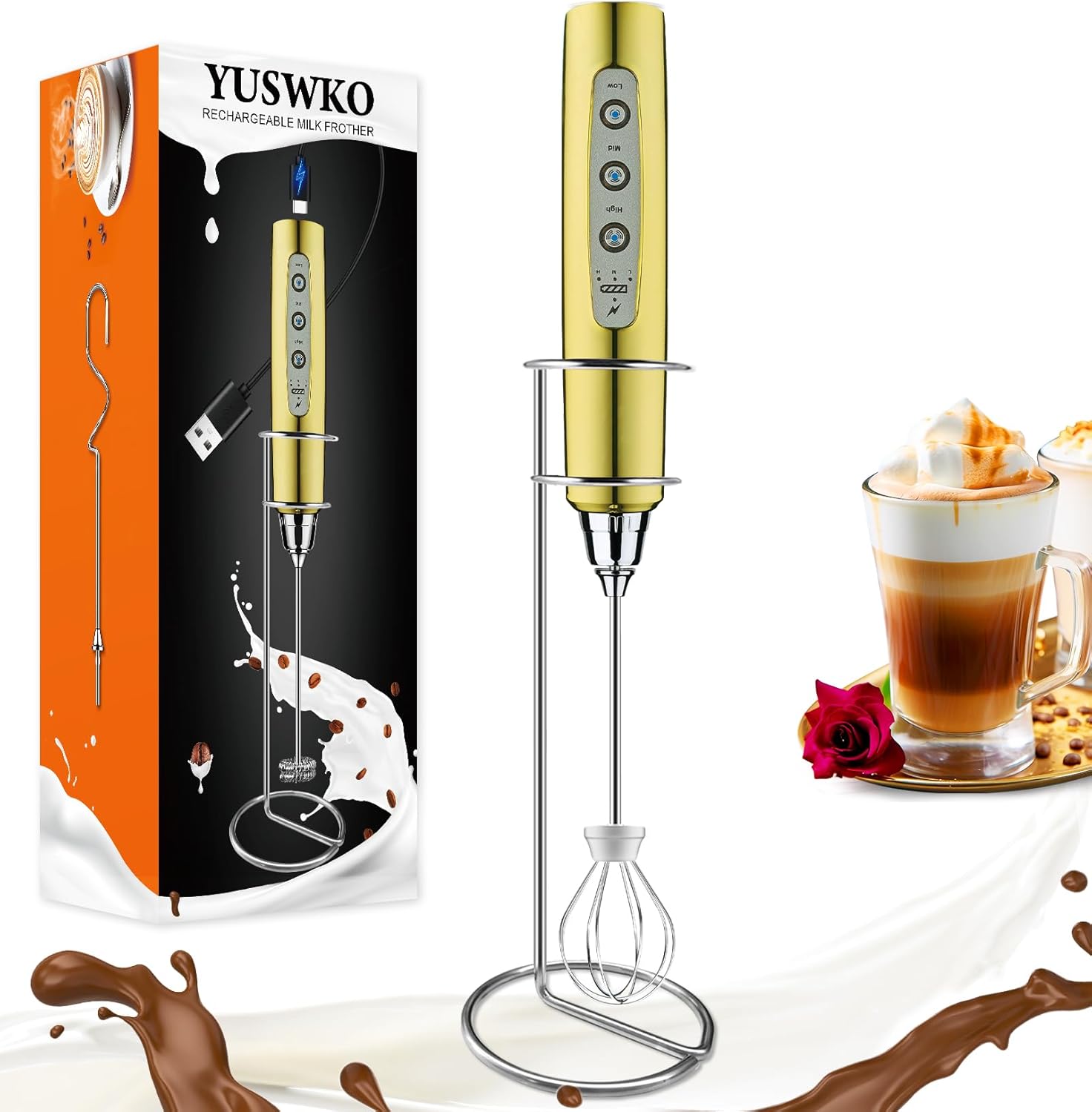 YUSWKO Champagne Gold Handheld Milk Frother for Coffee Lovers