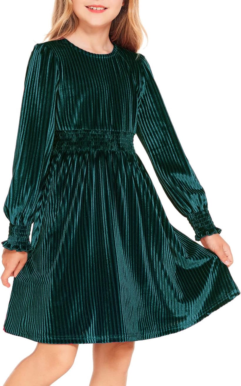 Arshiner Girls Long Sleeve Velvet Midi Dress for Kids 4-13Y