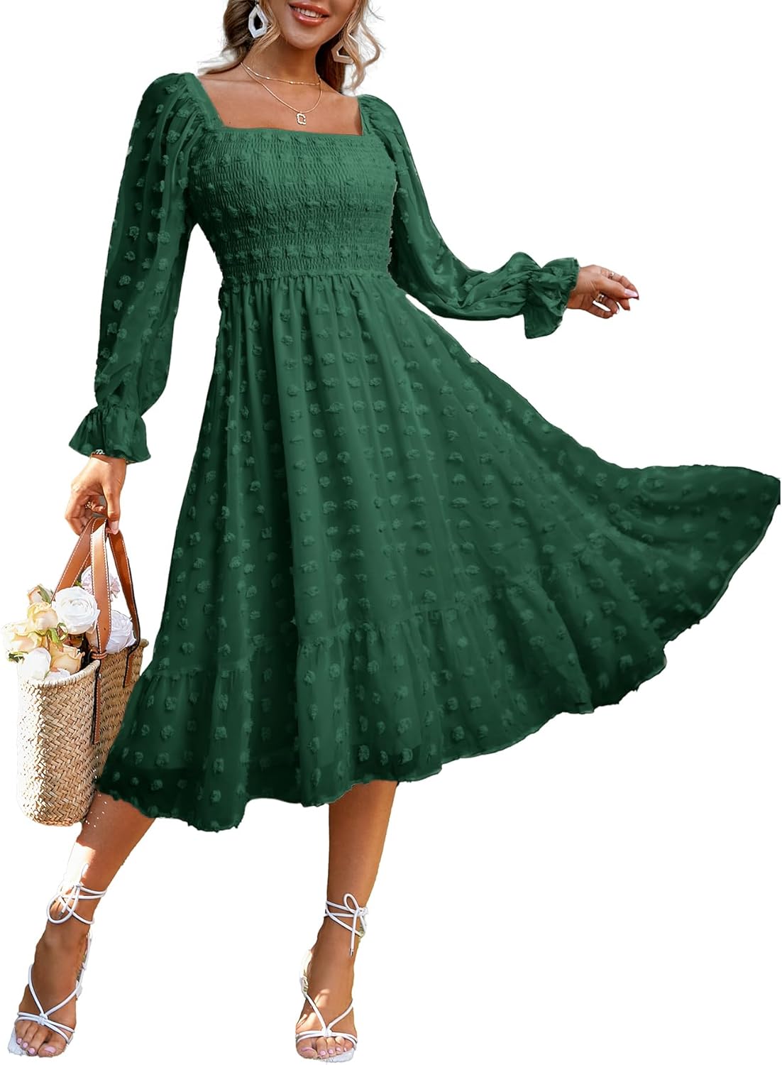 Amegoya Women's Boho Flowy Long Sleeve Midi Dress for Weddings