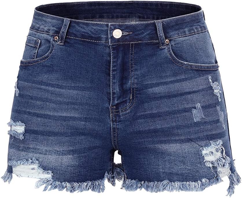 Mid Rise Ripped Stretchy Jeans Shorts for Women - Casual Denim