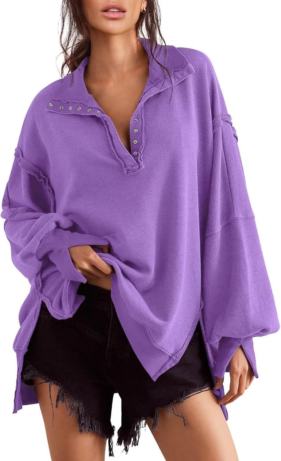 Trendy Henley Pullover Button Sweatshirt for Women S-2XL