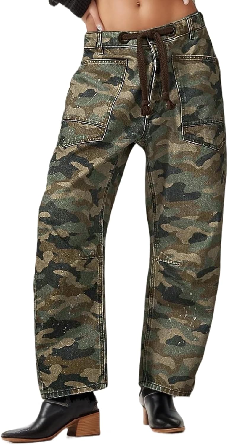 Kedera Barrel Jeans for Women: Stylish Mid Rise Camo Pants