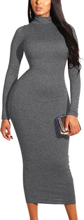 GOBLES Women's Elegant High Neck Bodycon Midi Dress - Curve Hugging