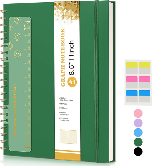 Spiral Graph Paper Notebook, 8.5 x 11, 100 GSM, Plastic Cover, Green
