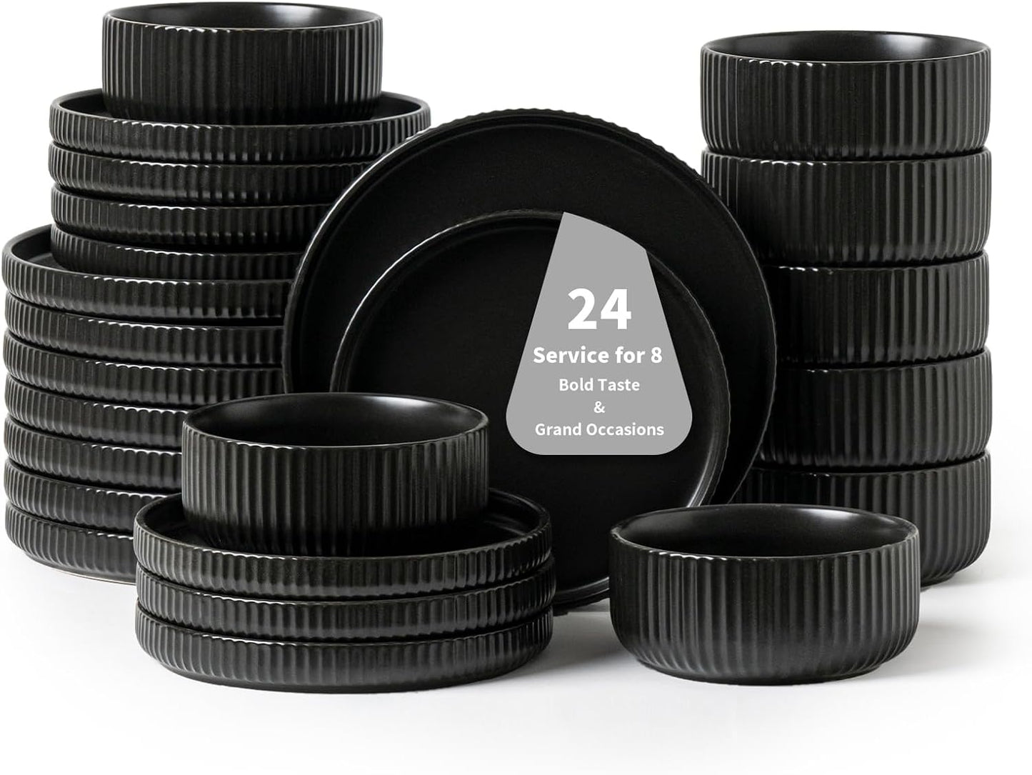 24 Piece Dinnerware Set for 8 - Bold Black Ceramic Tableware