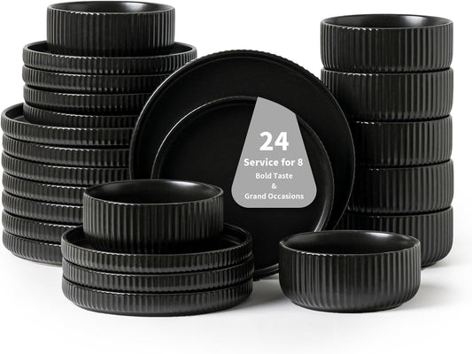 24 Piece Dinnerware Set for 8 - Bold Black Ceramic Tableware