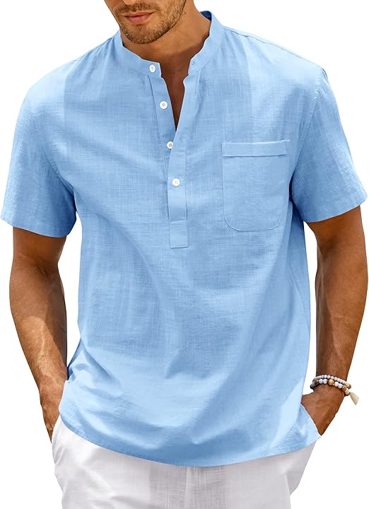 Enjoybuy Men's Linen Henley Shirts for Summer Beach Casual Wear