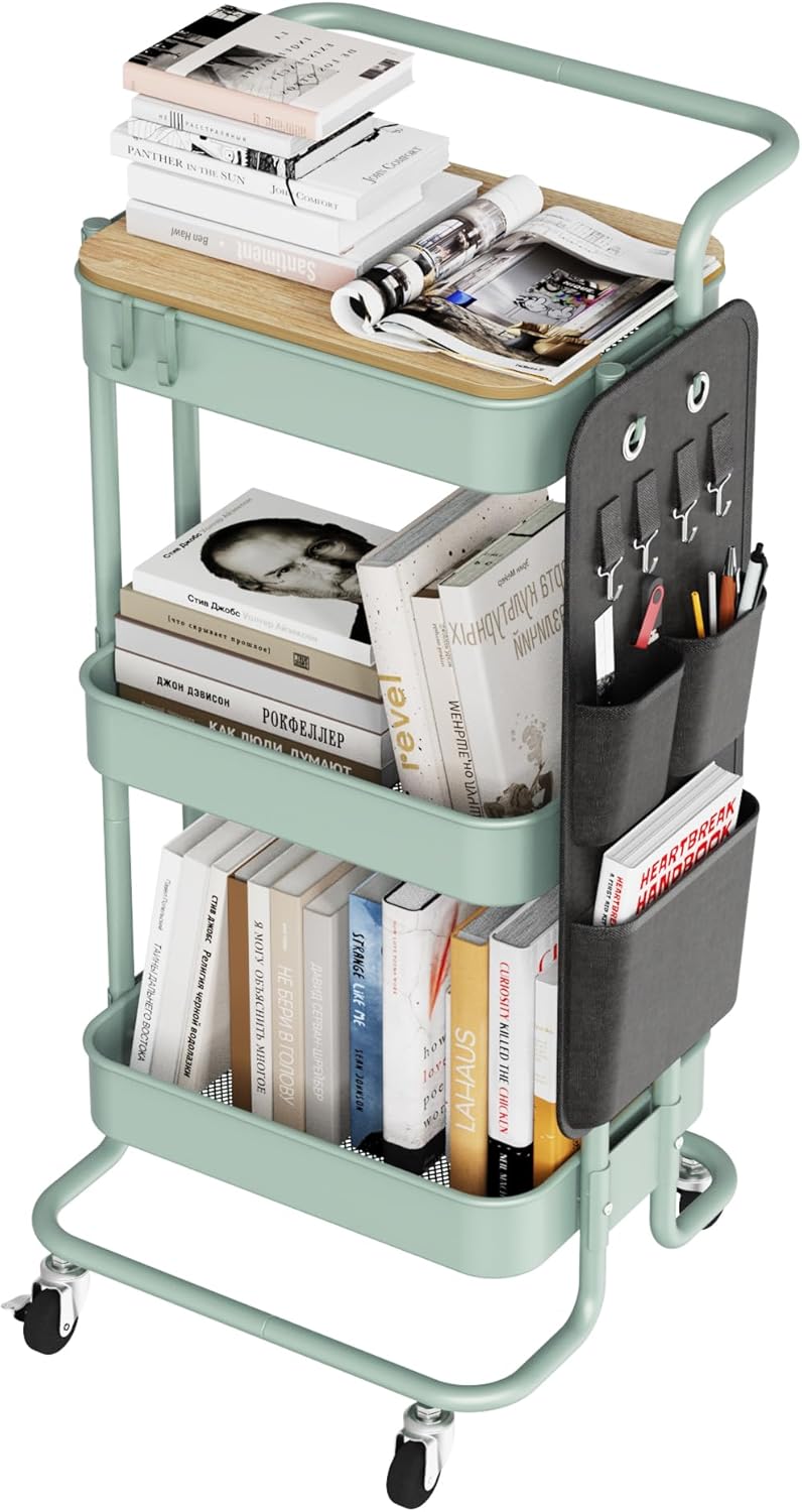 DTK 3 Tier Metal Utility Rolling Cart with Table Top and Hooks