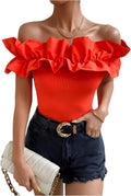 OYOANGLE Women's Ruffle Trim Off Shoulder Blouse - Slim Fit Party Top