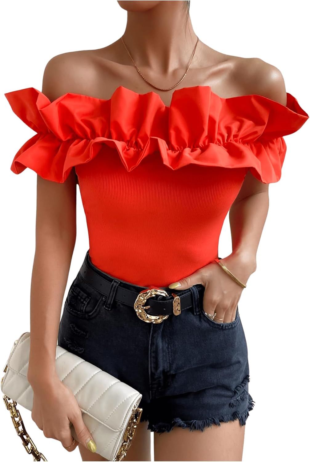 OYOANGLE Women's Ruffle Trim Off Shoulder Blouse for Parties