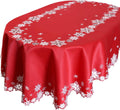 Embroidered Snowflakes Tablecloth Oval 57 x 84 in - Festive Red