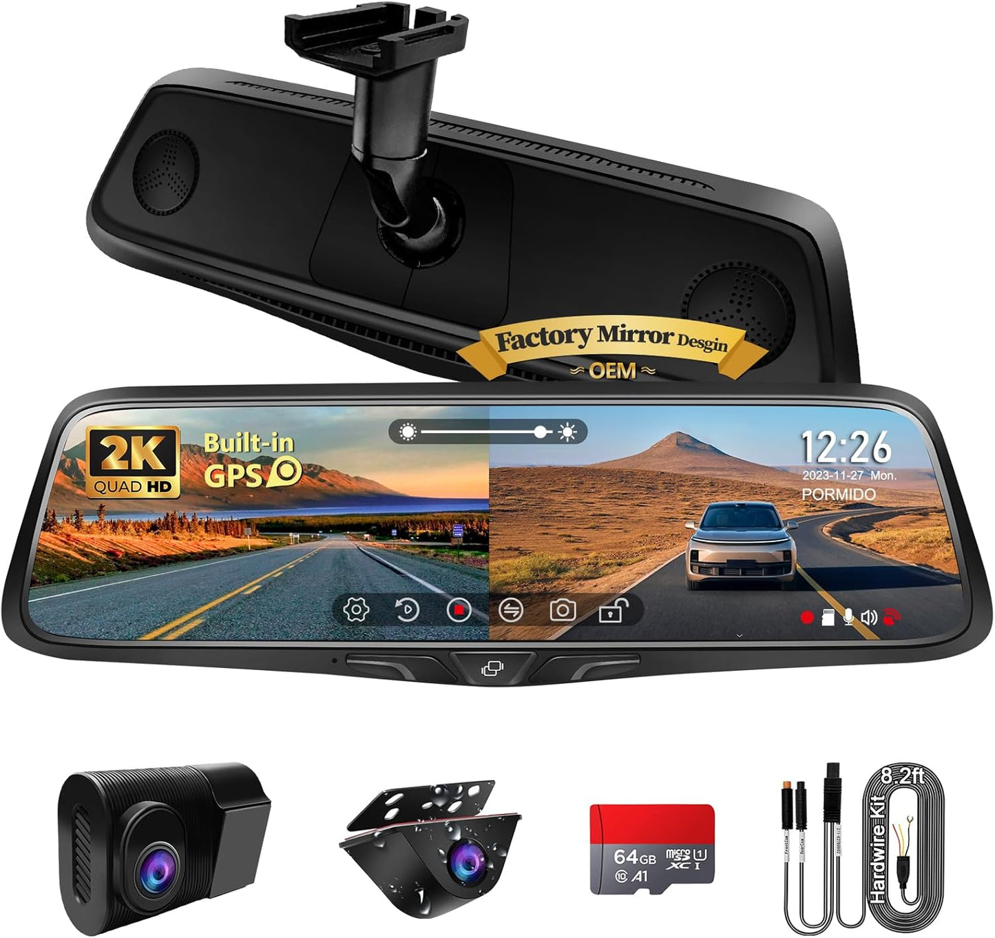PORMIDO 2K Rear View Mirror Camera with Smart Touchscreen
