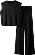 2 Piece Outfits Sweater Sets Knit Sleeveless Pullover Top High Waisted