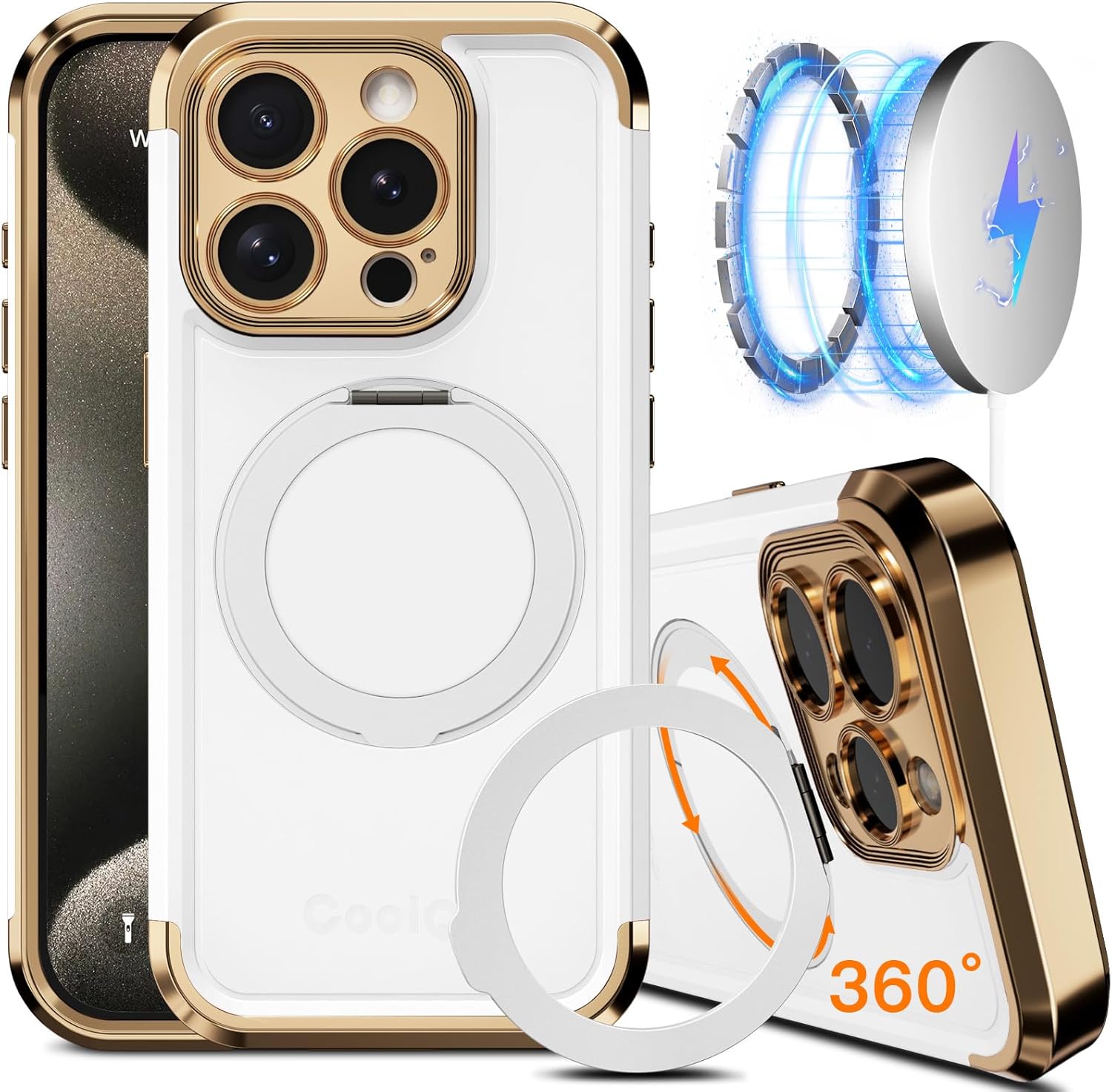 COOLQO iPhone 15 Pro Max Case with 360 Spin Magnetic Stand