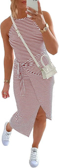 Sleeveless Striped Tank Midi Dress - Ruched Tie Waist Summer Fit
