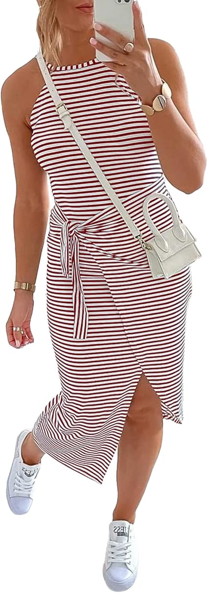 NOLLSOM Women Casual Sleeveless Striped Tank Midi Dress Review