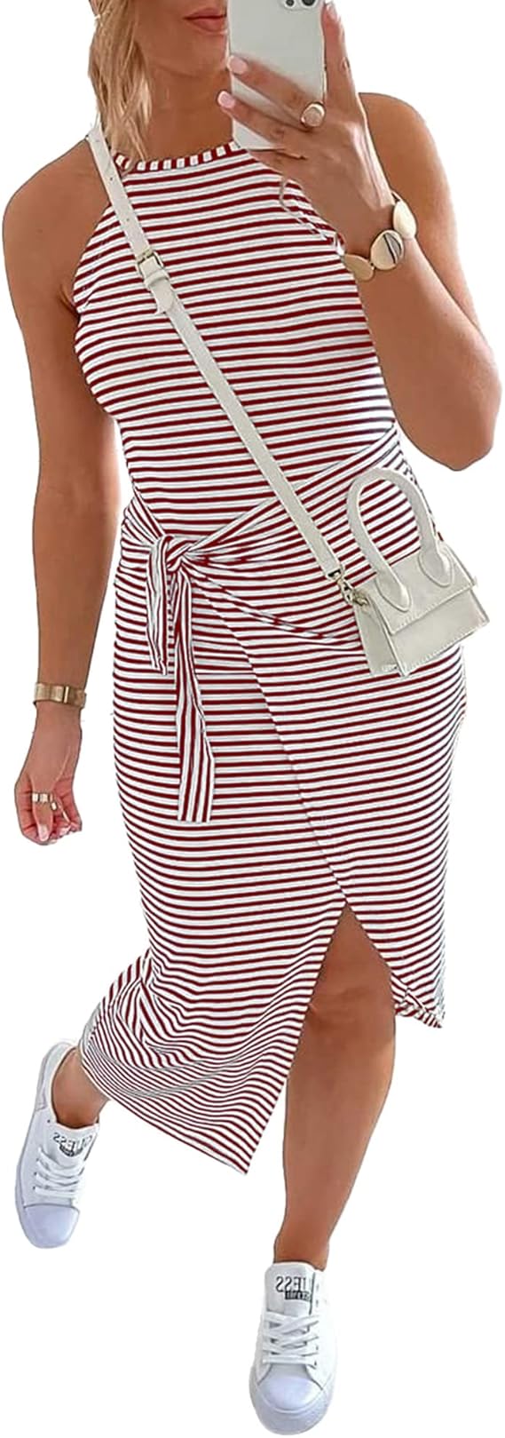 NOLLSOM Women Casual Sleeveless Striped Tank Midi Dresses