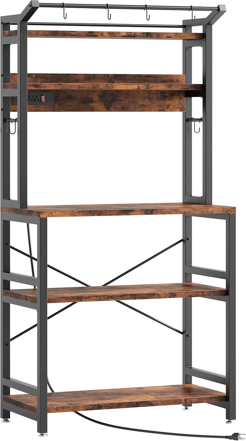 IRONCK Vintage Bakers Rack: 5 Tier Storage, Power Outlet, Strong Metal