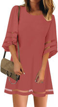 Women Casual Crewneck Mesh Panel 3/4 Bell Sleeve Loose Tunic Dress US