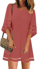Women's Casual Crewneck Mesh Panel 3/4 Bell Sleeve Tunic Dress - Easy