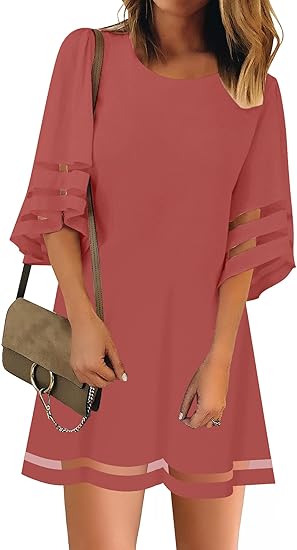 LookbookStore Women Casual Crewneck Tunic Dress with Mesh Panels