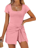 Women Summer Square Neck Tie Waist Romper Dress - Flattering Fit