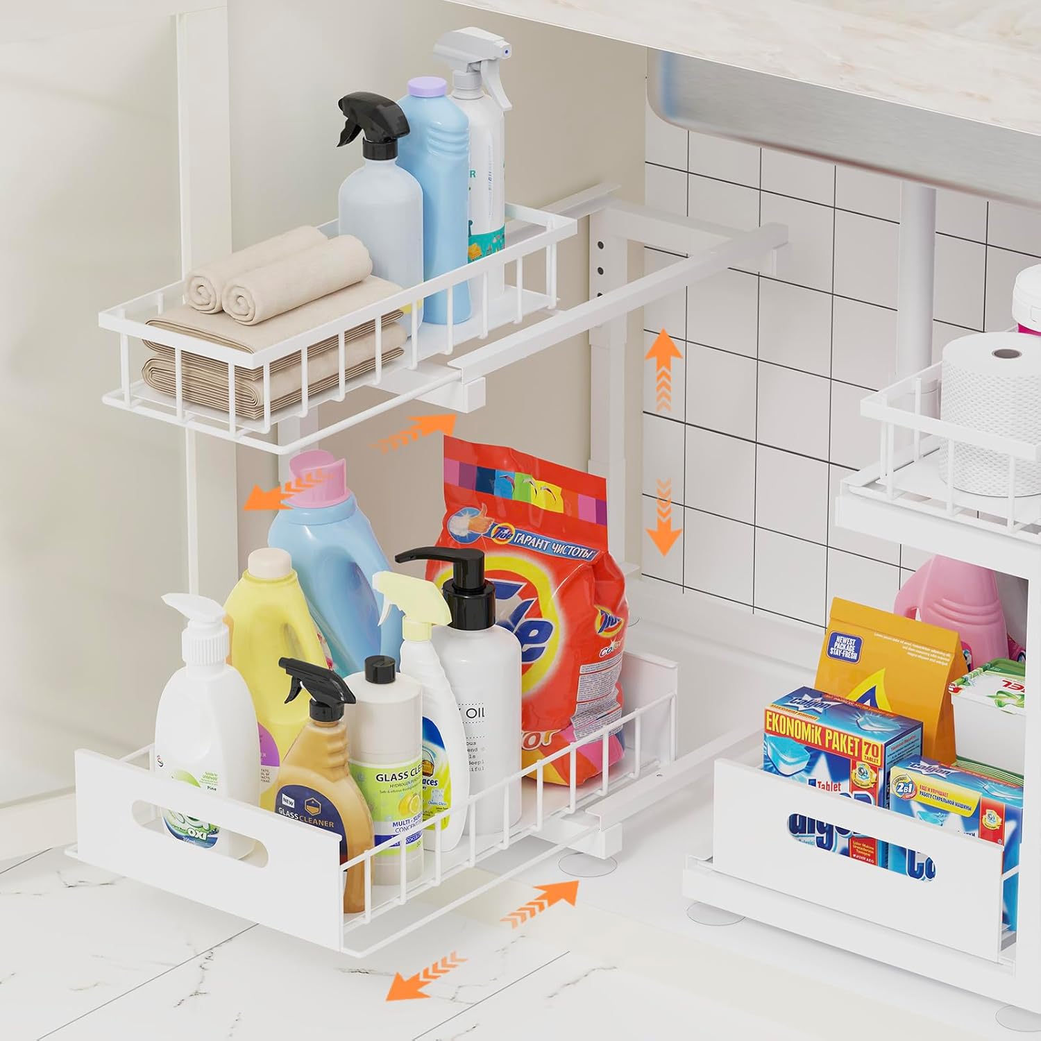 2 Pack Under Sink Organizer with Adjustable Height for Storage