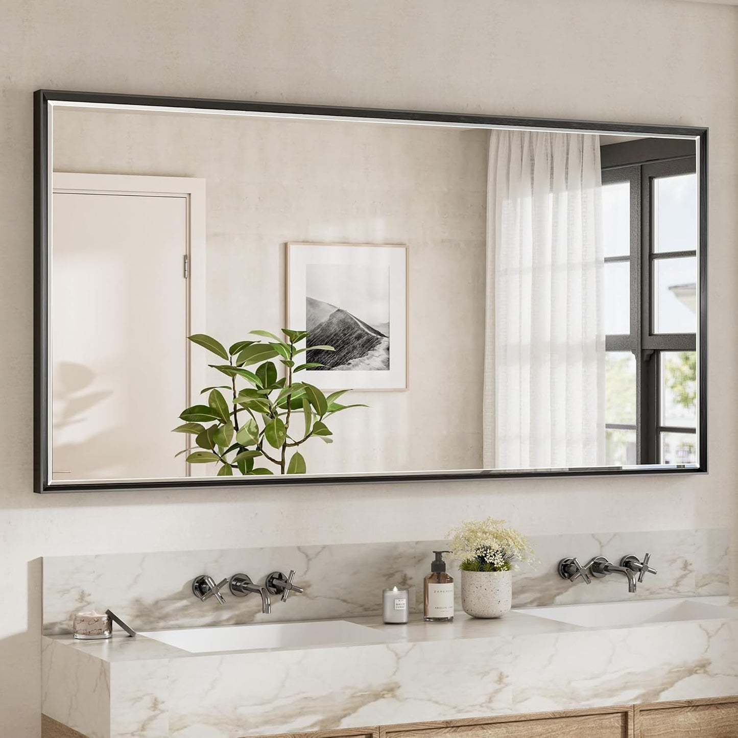72 x 36 Black Framed Mirror for Bathroom with Beveled Design