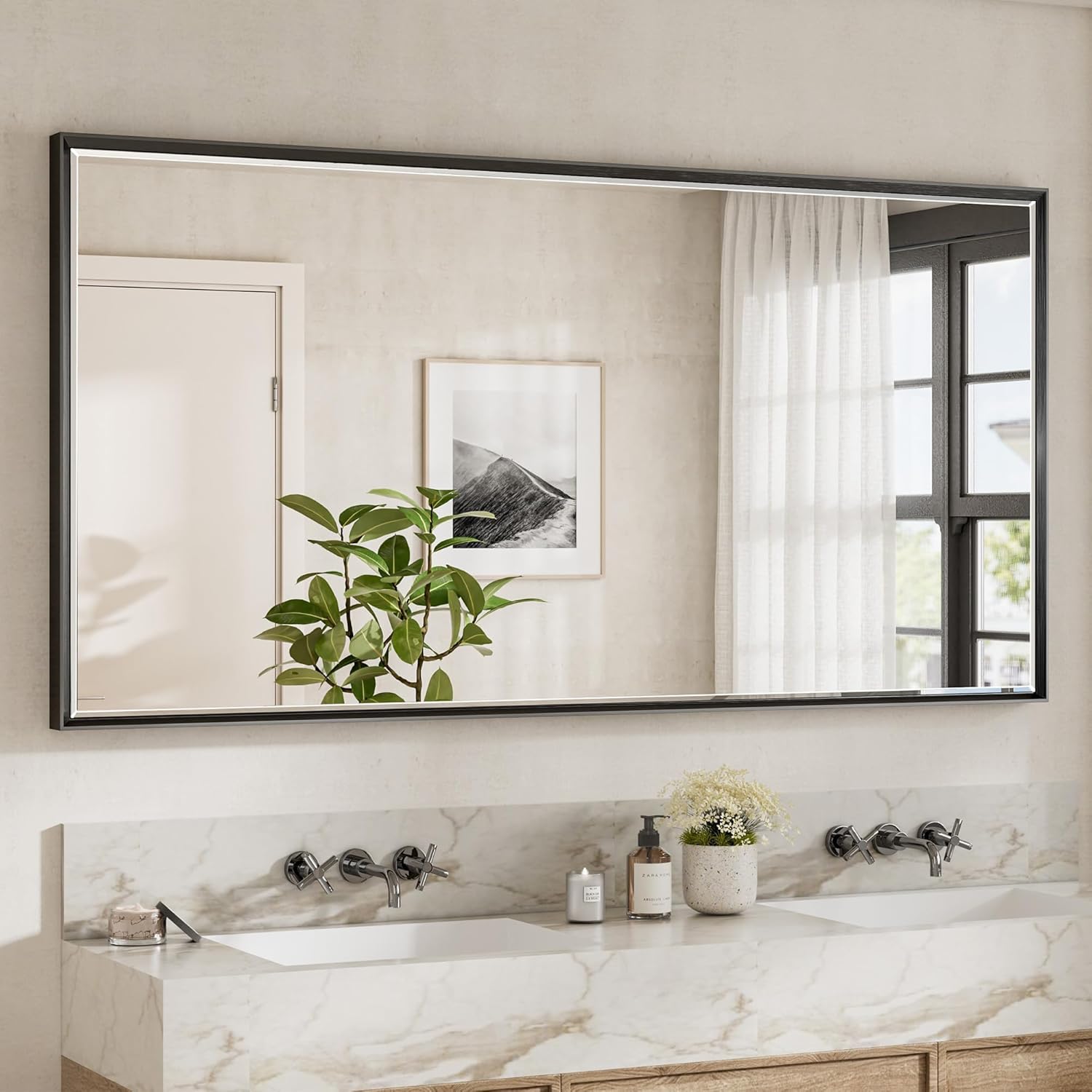72 x 36 Black Framed Mirror for Bathroom with Beveled Design