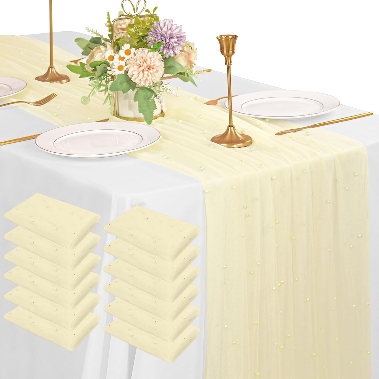 12 Pack 10FT Beige Pearl Table Runners for Elegant Events