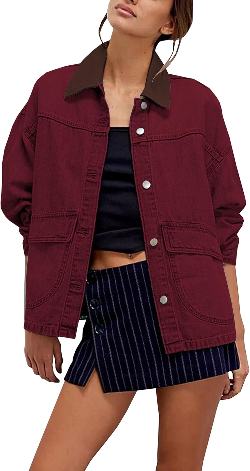 Oversized Denim Jacket for Women with Contrast Trim and Pockets