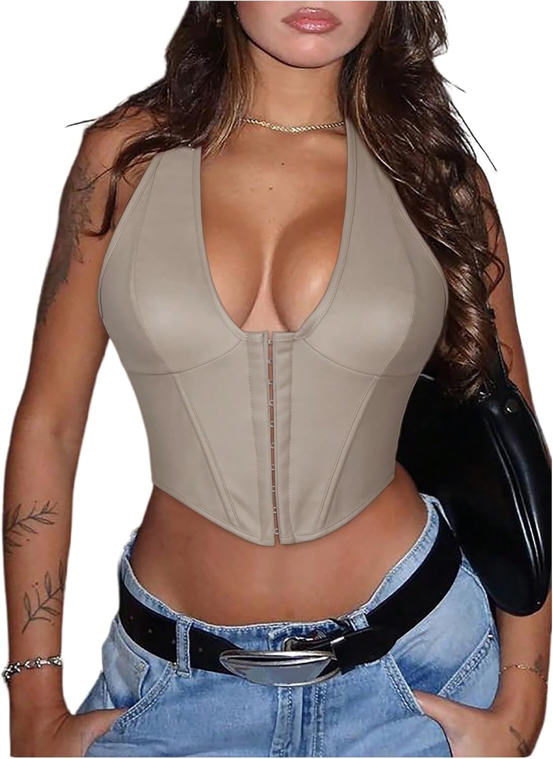 Floerns Women's Y2K PU Leather Halter Neck Backless Crop Top