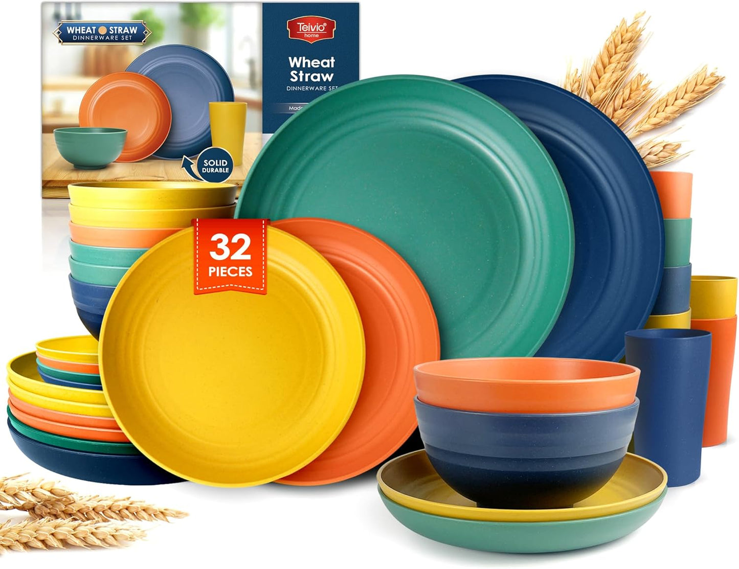 Teivio 32-Piece Kitchen Plastic Wheat Straw Dinnerware Set