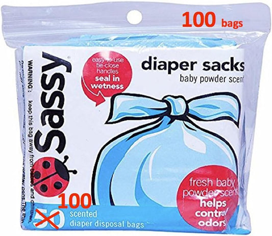 Sassy 100 Count Disposable Diaper Sacks with Powder Scent, Easy-to-Tie Design
